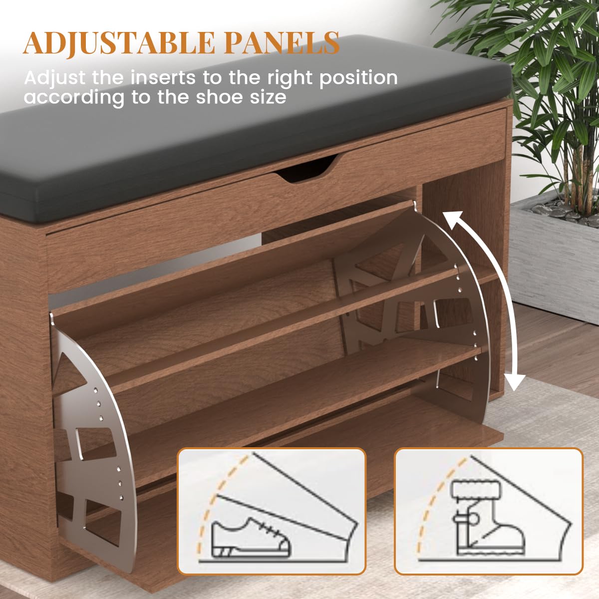 HOMEMORE Shoe Storage Bench Entryway Shoe Bench with Adjustable 3-Tier Flip-Up Shoe Rack Wooden Shoe Cabinet with Seat Cushion for Hallway Living Room