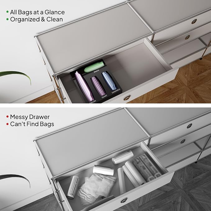 Aquiver Acrylic Bags Organizer - Baggie Bags Drawer Organizer & Plastic Food Storage Bags Holder - Compatible with Gallon, Quart, Sandwich, Snap, Freezer, Slider Bags (Black)