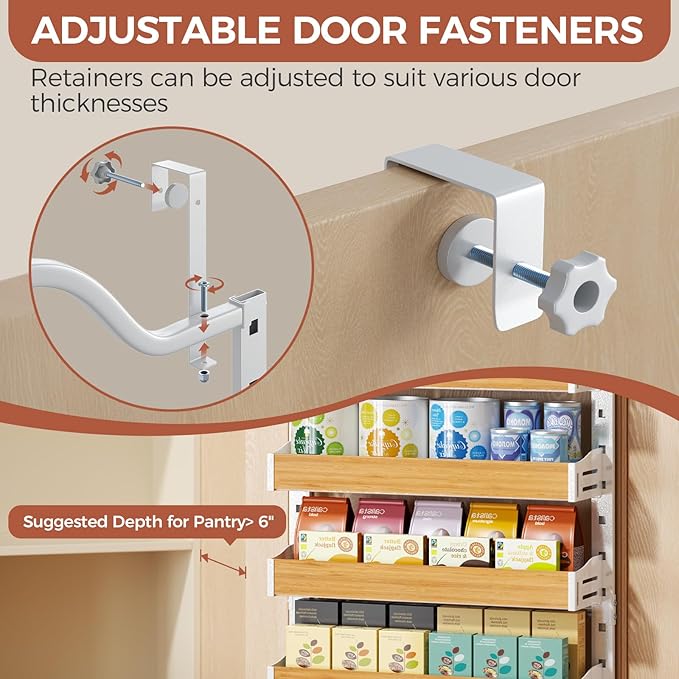8-Tier Pantry Door Organizer, Over the Door Pantry Organizer with Wooden Adjustable Baskets, 2 IN 1 Spice Rack Wall Mount or Door Organizer, Door Spice Rack for Pantry（72.6×17.1×5.1in,White)