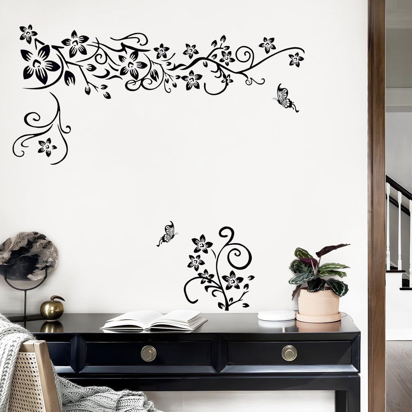 Supzone Flowers Vine Decals Black Flowers Butterfly Wall Decor Removable Vinyl DIY Home Art Stickers for Bedroom Living Room Sofa Backdrop TV Wall Decoration