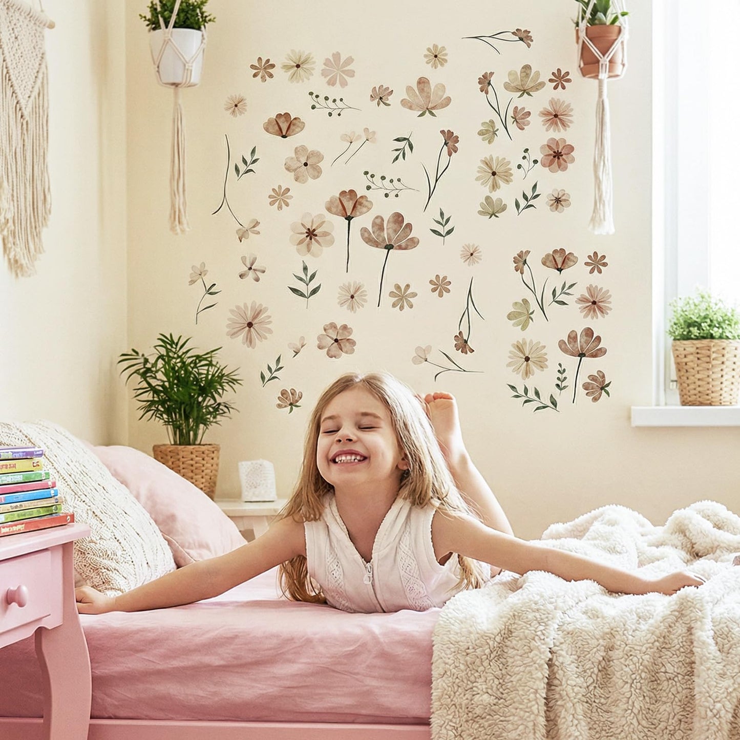 104 Pcs Daisy Wall Decals Boho Flower Stickers Wildflower for Girls' Rooms Playrooms and Nurseries Art Bedroom Classroom Removable Peel and Stick Wall Decor Cute Decorations 9 Sheets