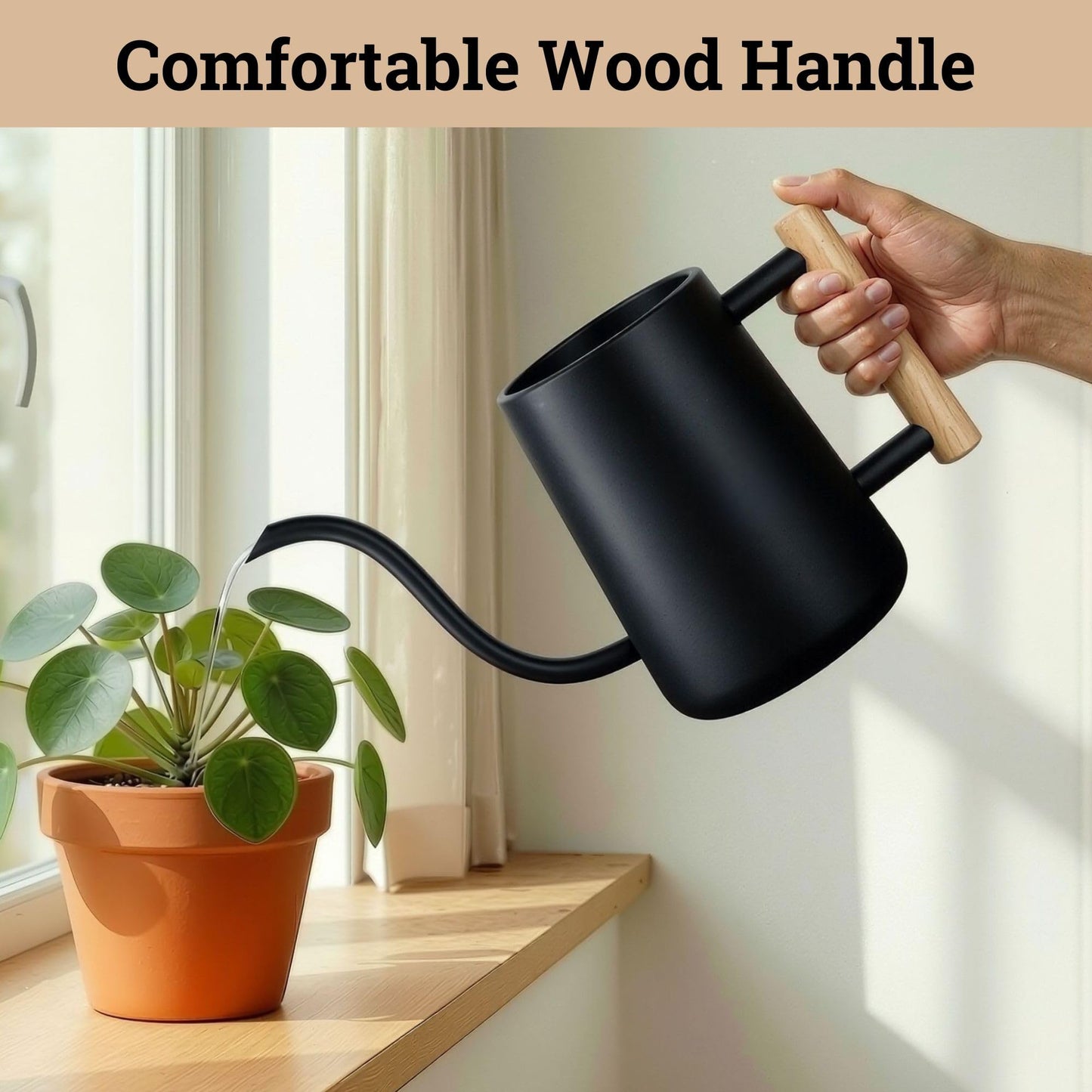 35 Ounce Metal Small Indoor Watering Can with Long Spout & Real Wood Handle for House Plants, Succulents, Cacti & Seedlings - Black Long Spout Watering Can Indoor Plants - Gentle Flow & No Spills