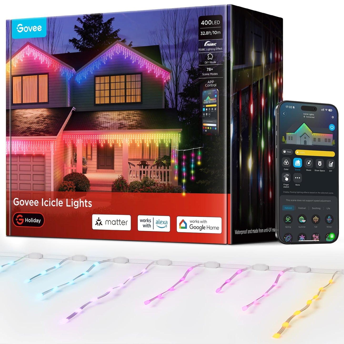 Govee Icicle Lights, Smart RGBIC Christmas Lights for Outside, 33ft with 400 LEDs Icicle Light Outdoor, IP67 Waterproof, Music Sync, Voice Control, 78+ Scene Modes for Christmas Decor