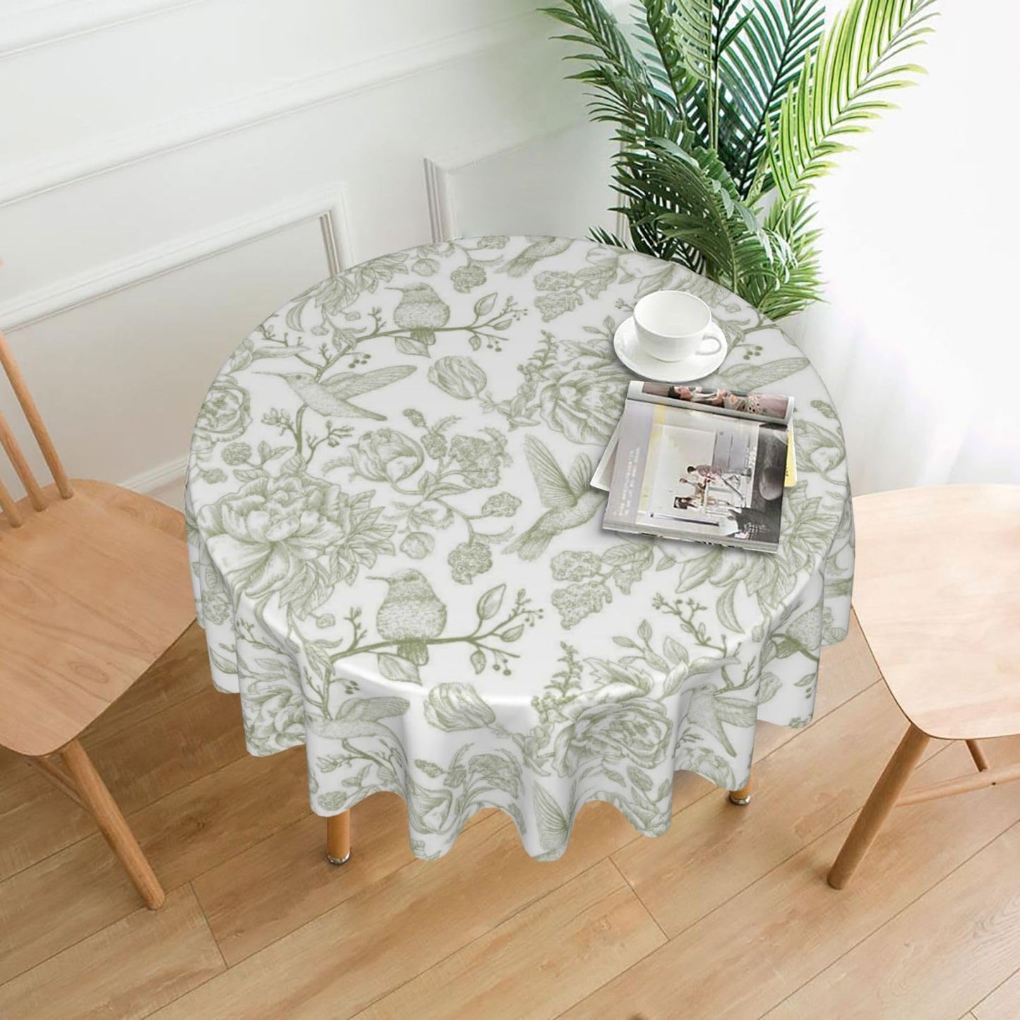 Yxuiyal Chinoiserie Round Tablecloths 70 Inches Sage Green Flower Birds Decorative Round Tablecloths Reusable Spring Summer Floral Table Covers for Home Kitchen Dining Room,Party Decoration