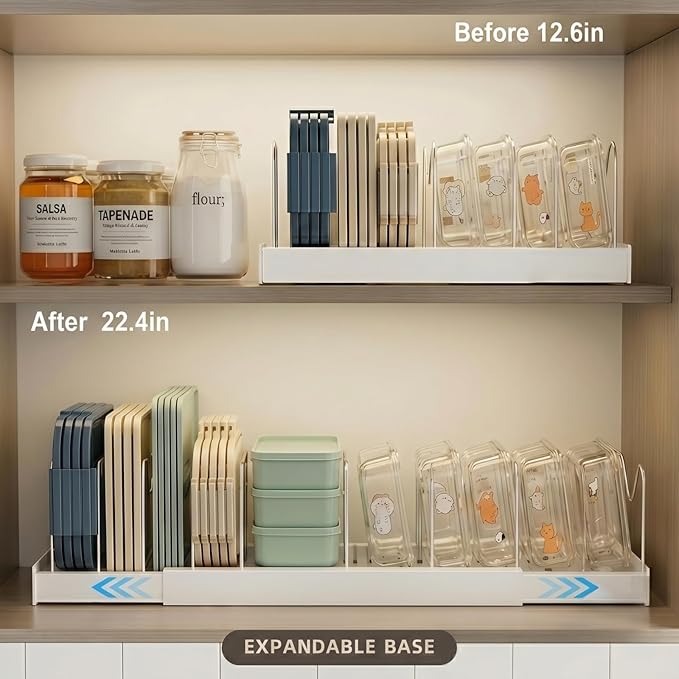 Magheo Expandable Food Storage Container Lid Organizers, 22" Pots and Pans Organizer Under Cabinet with 9 Adjustable Dividers Pot and Pan Lid Holders Rack Inside Cabinet(White,1 Pack)