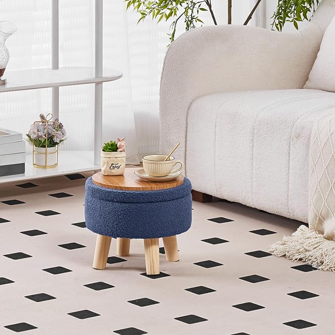 Wimarsbon Storage Ottoman, Modern Round Footrest with Soft Padded Seat, Teddy Velvet Footstool with Wood Legs, Accent Small Table or Plant Stand for Hallway, Living Room (Grey-Blue)