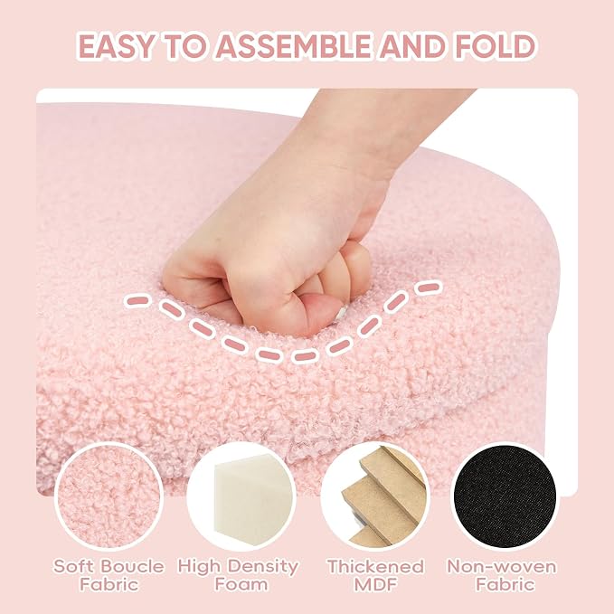 PINPLUS Round Storage Ottoman Foot Rest Stool with Tray Velvet Sherpa Folding Storage Ottoman,Boucle Foot Rest for Living Room, Bedroom, Dorm,Pink Color