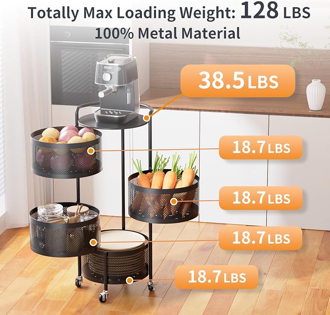 JAQ No Assembly Kitchen Storage Cart with Wheels, 4-Tier Rotating Vegetable & Onion Storage Rack, Metal Produce Organizer for Potato, Fruit and Pantry, Black