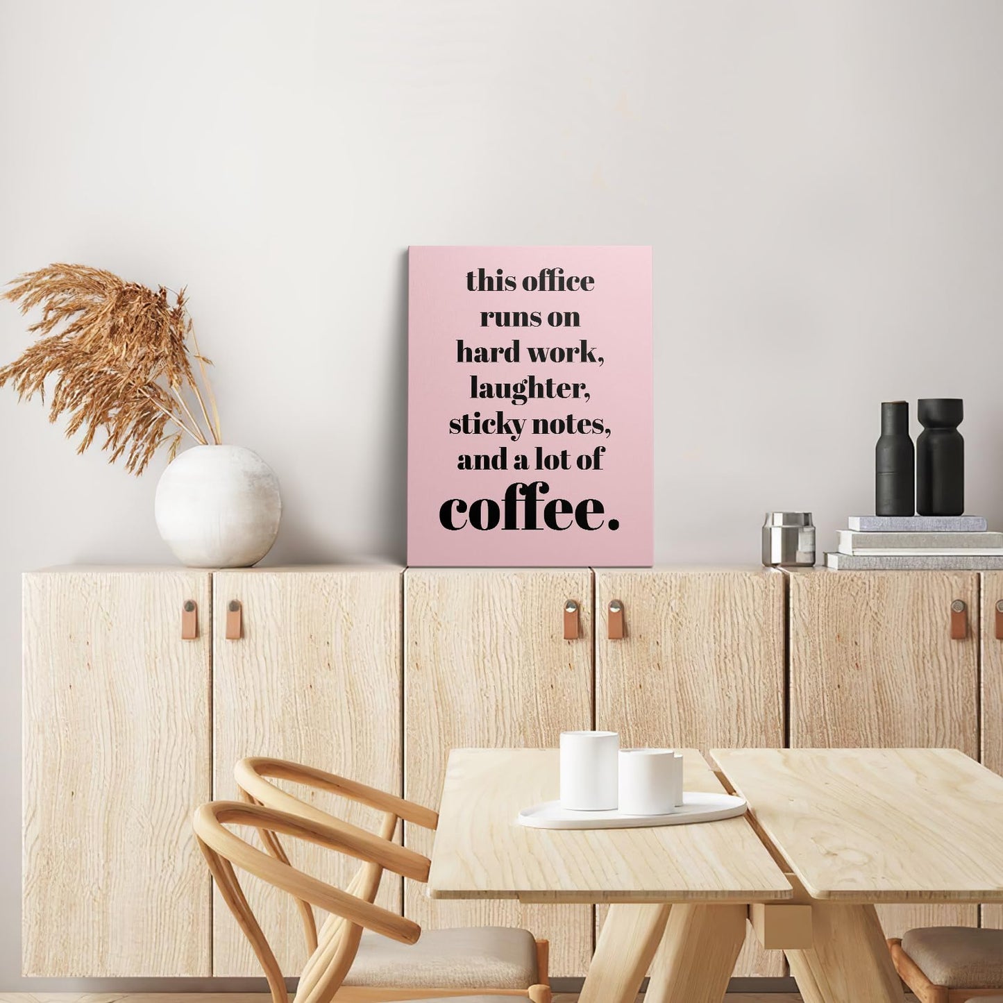 XWELLDAN Teamwork Quote Wall Art Canvas Print, Coffee Humor Workplace Decor, 11 x 14 Inch, Framed (Pink)