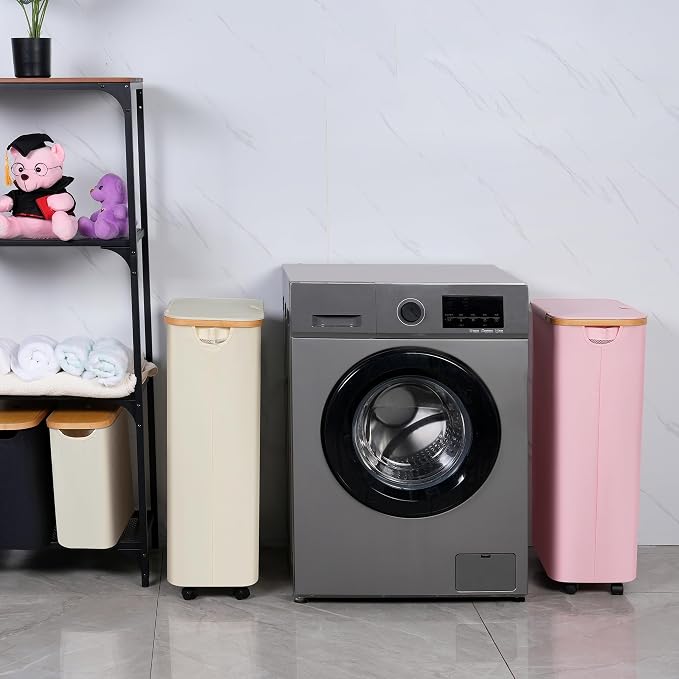 iEGrow 75L Laundry Hamper with Wheels,Clothes Hamper for Laundry,Laundry Basket with Lid and Inner Bag, for Laundry Room, Bedroom, Dormitory Storage,Pink