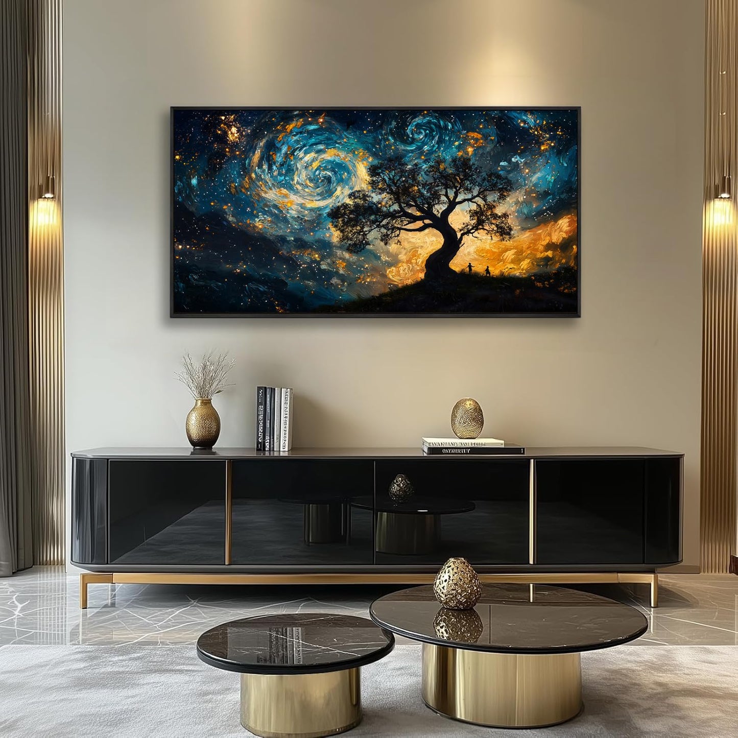 The Mode Art Wall Art Starry Night Canvas Wall Art Natural Scenery Pictures Wall Decor For Living Room Bedroom Decor Office Home Decoration 20 x 40 inches -Black Framed