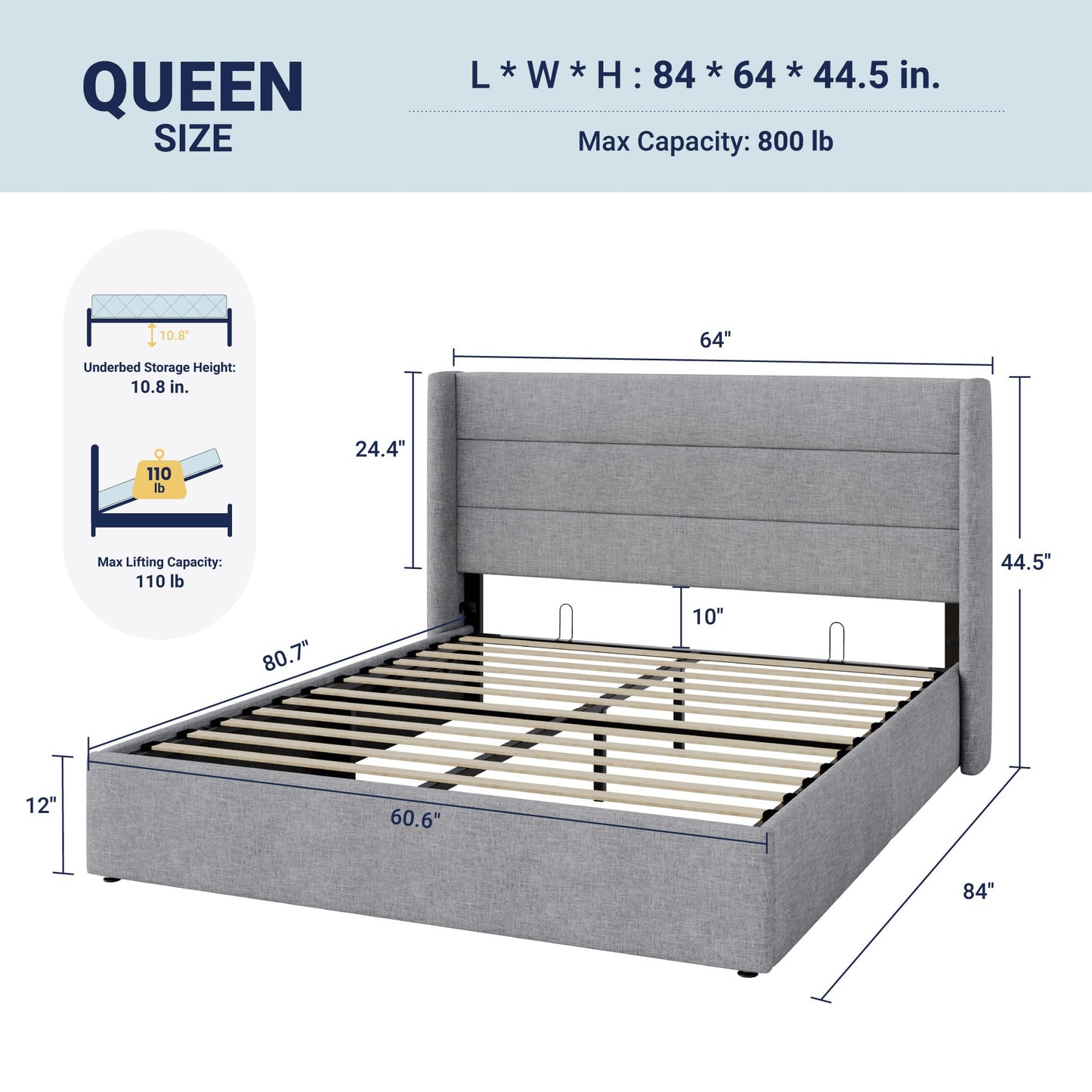 Allewie Queen Size Lift Up Storage Bed, Modern Wingback Headboard, Hydraulic Support, No Box Spring Needed, Light Grey