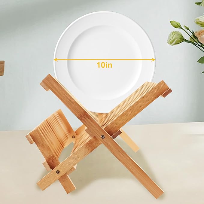 Tefola Bamboo Dish Drying Rack, 2-Tier Foldable Design with Utensil Holder, Kitchen Plate Rack Dish Drainer Rack Dish Racks for Kitchen Counter, 16.5 x 17 inches