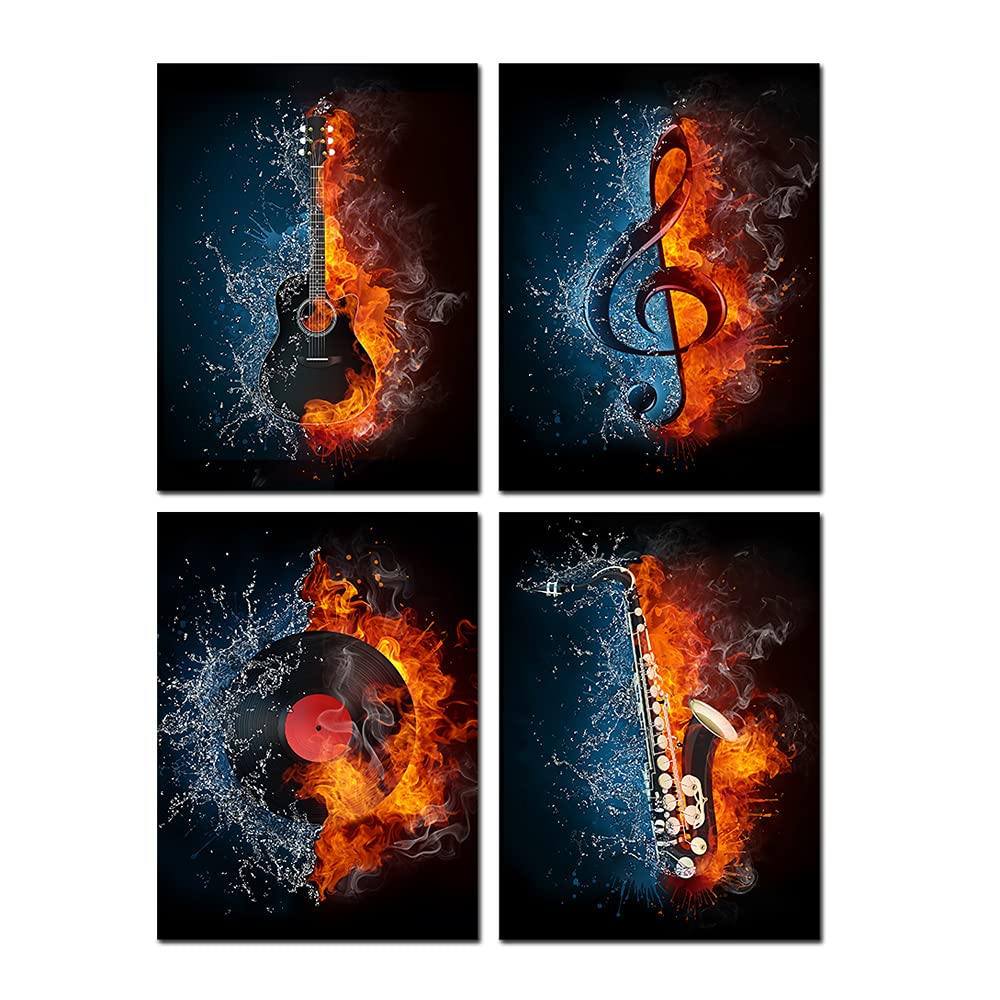 VVOVV Wall Decor - 4 Panel Music Canvas Painting Instrument Series Picture Prints Electric Guitar,Music Note,Saxophone and Turntable Wall Art (Music Wall Art)