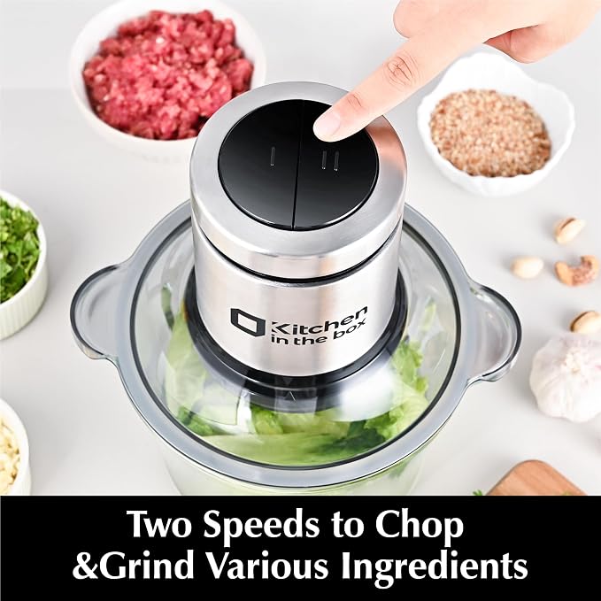 Kitchen in the box Food Processor, Electric Meat Grinder & Food Chopper with 400W Powerful Veggie Chopper-2 Bowls（8 Cup+8 Cup） & 2 Bi-Level Blades for Meat/Fish/Vegetable/Baby Food（Black Button）