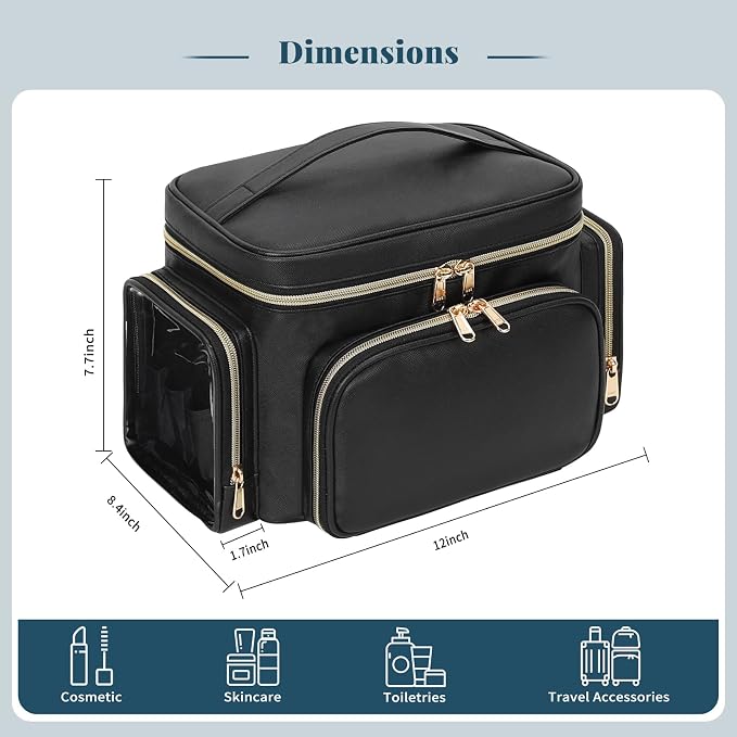 Bagmoly Large Makeup Bag, Portable Travel Makeup Bag Organizer for Women Girls with Makeup Brush Compartment & Two Side Pockets, Cosmetic Travel Bag Vertical Storage Toiletry Bag - Black
