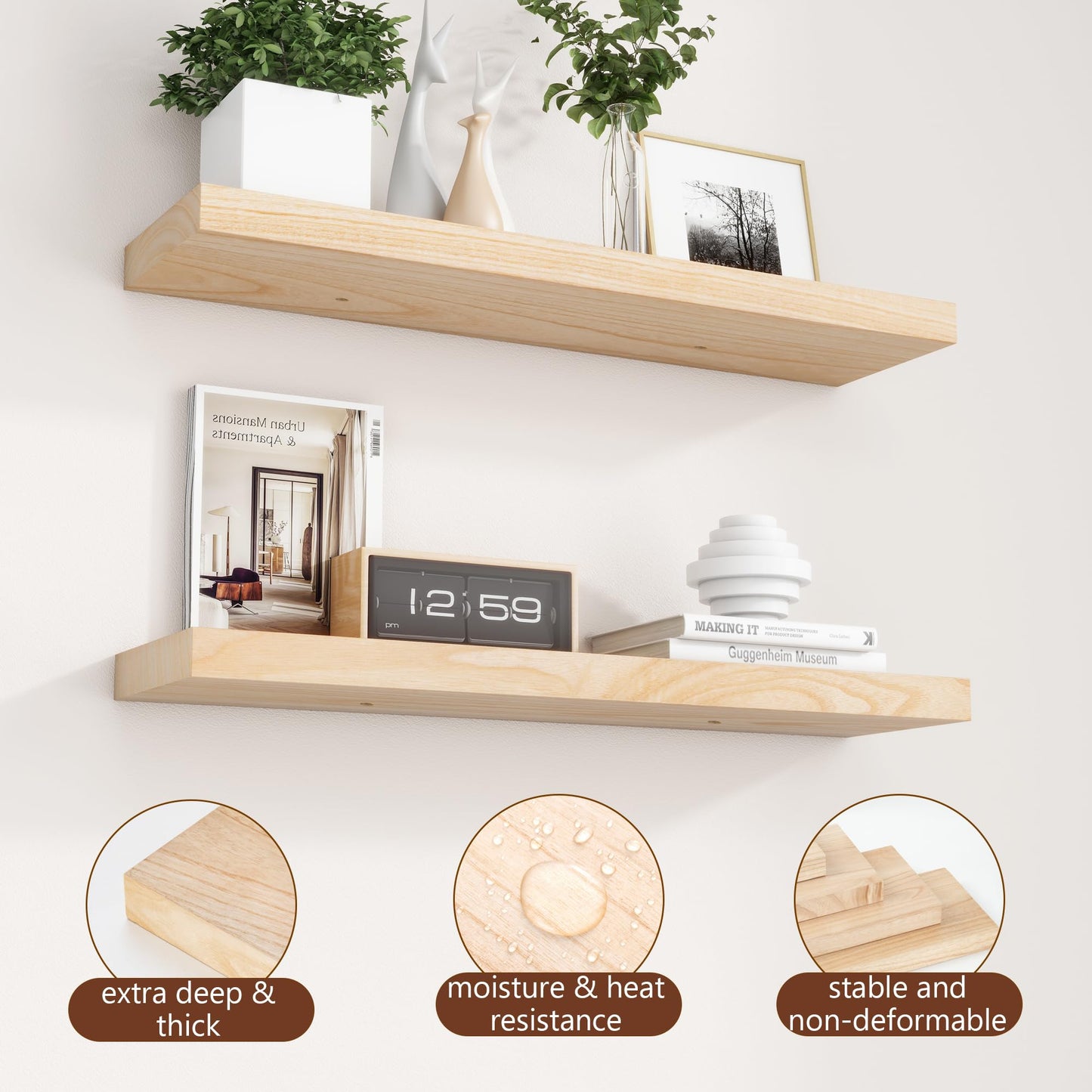 fuqing 30 Inch Floating Shelves | Natural Wood Wall Shelves Set of 2 | 30" W x 6.7" D Natural Wooden Floating Shelves for Living Room Bedroom Home Office