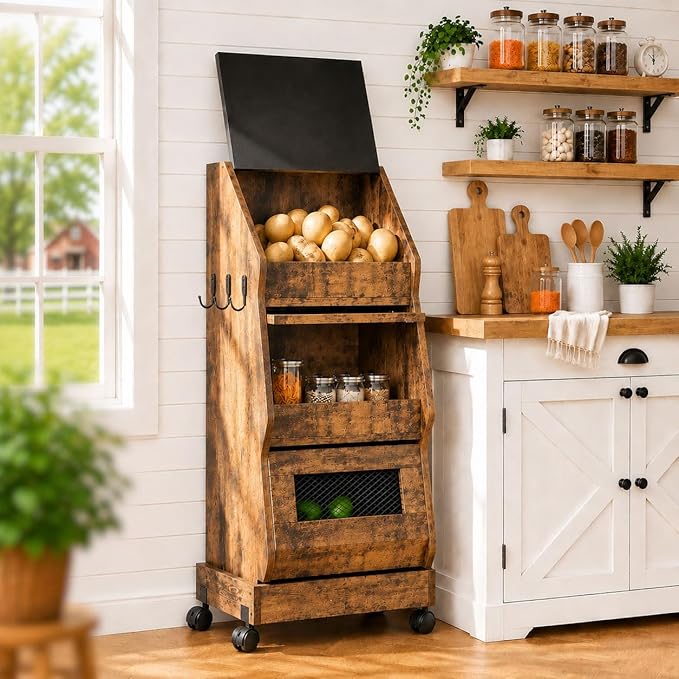 Potato and Onion Bin with Lid Movable Bread Box, Potato and Onion Storage with Wheels Black Movable, Vegetable Cabinet with 3 Tier Storage, Grocery Section Bread