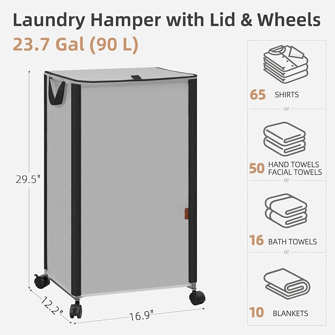 STORAGE MANIAC Rolling Laundry Hamper with Lid, 23.7 Gal (90 L) Large Tall Laundry Basket with Wheels & Handles, Aesthetic Dirty Clothes Hamper for Small Space, Dorm, Apartment, College, Gray