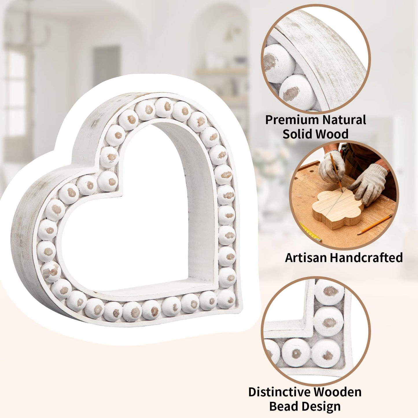 JUMBO DECOR Rustic Wooden Heart Table Decorations Sign with Beaded Design, Farmhouse Freestanding White Heart Shaped Home Family Table Decorations, Wedding Valentines Day Decor Mother's Day Gift