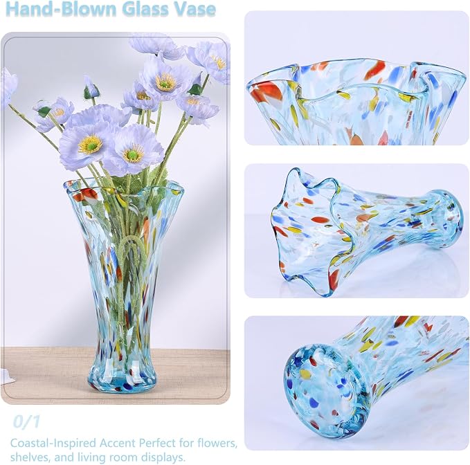 9.0" H Aqua Glass Vases for Flowers, Unique Hand Blown Glass Vase Aqua Home Decor, Wide Mouth Colorful Flower Vase Centerpieces, for Living Room Table Bookshelf, Bathroom Office Shelf Decorative