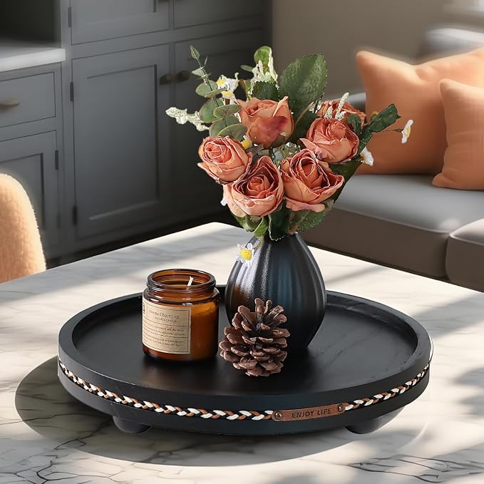Farmhouse Decorative Round Tray, 11.81 Inch, Versatile Centerpiece Tray for Coffee Table Kitchen Living Room Bathroom, Home Decor Accent Black with Stripes