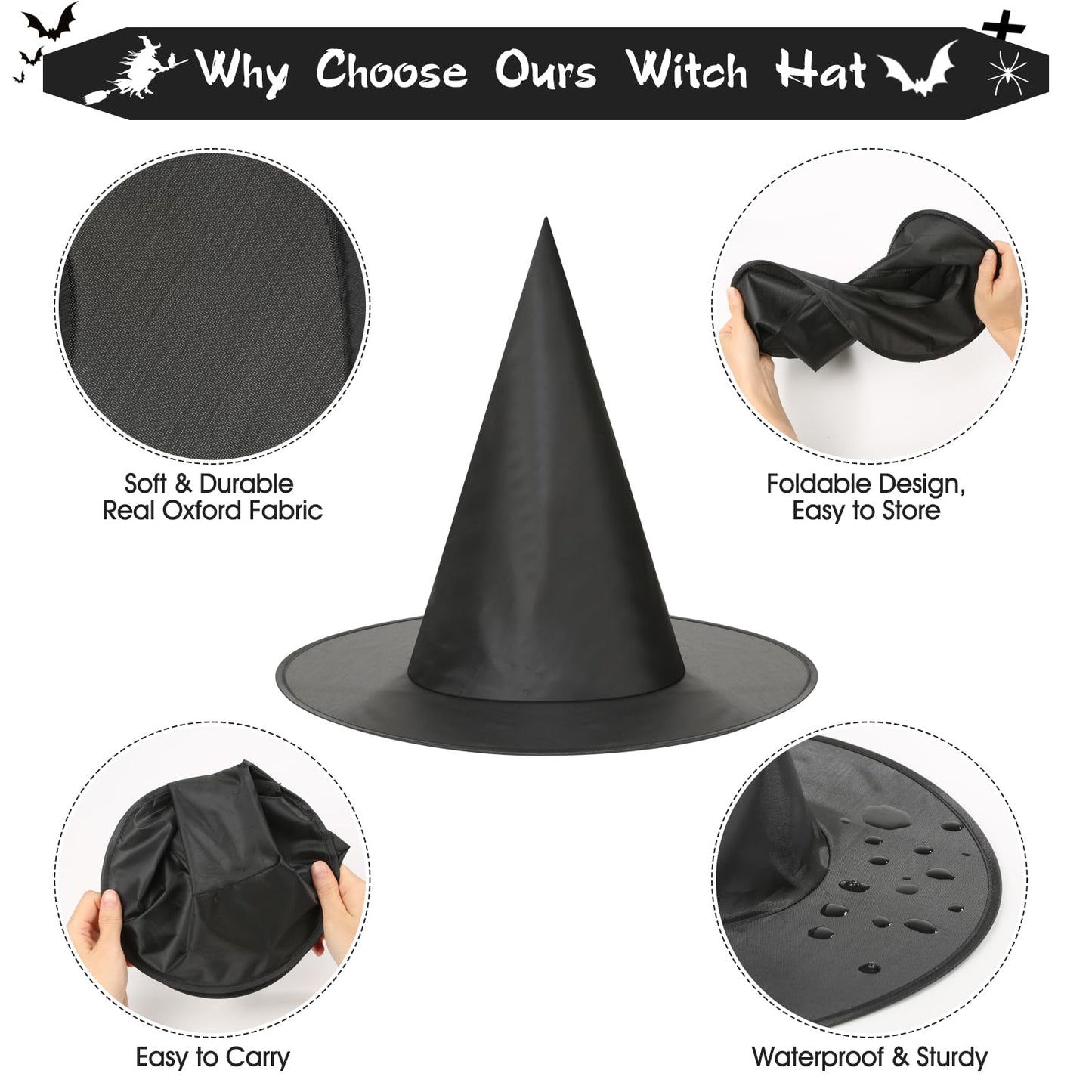 Sublaga 75 Pcs Halloween Decorations Kit, Halloween Witches Hats Black | Hanging Witch Hats Decorations with Spider Web and 18 Pieces Bats Decorations, 30 Pcs Spiders, 12 Brooms Halloween Decor
