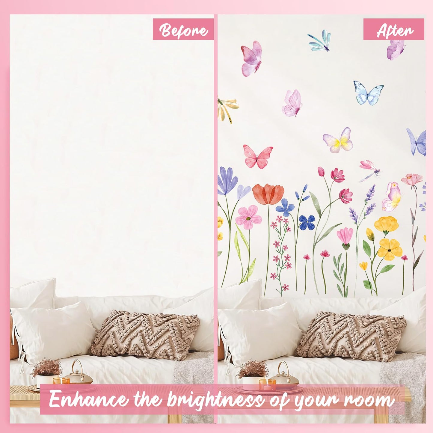 Flower Wall Decals - 8 Sheets 60 Pcs Floral Butterfly Wall Stickers Peel and Stick Wildflower Wall Decals for Girls Bedroom Living Room Home Office Wall Décor
