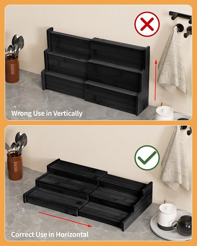 VenDotbi Spice Rack, 3-Tier Expandable Bamboo Spice Rack Organizer for Cabinet - Kitchen, Pantry and Cupboard Storage Organizer-Black