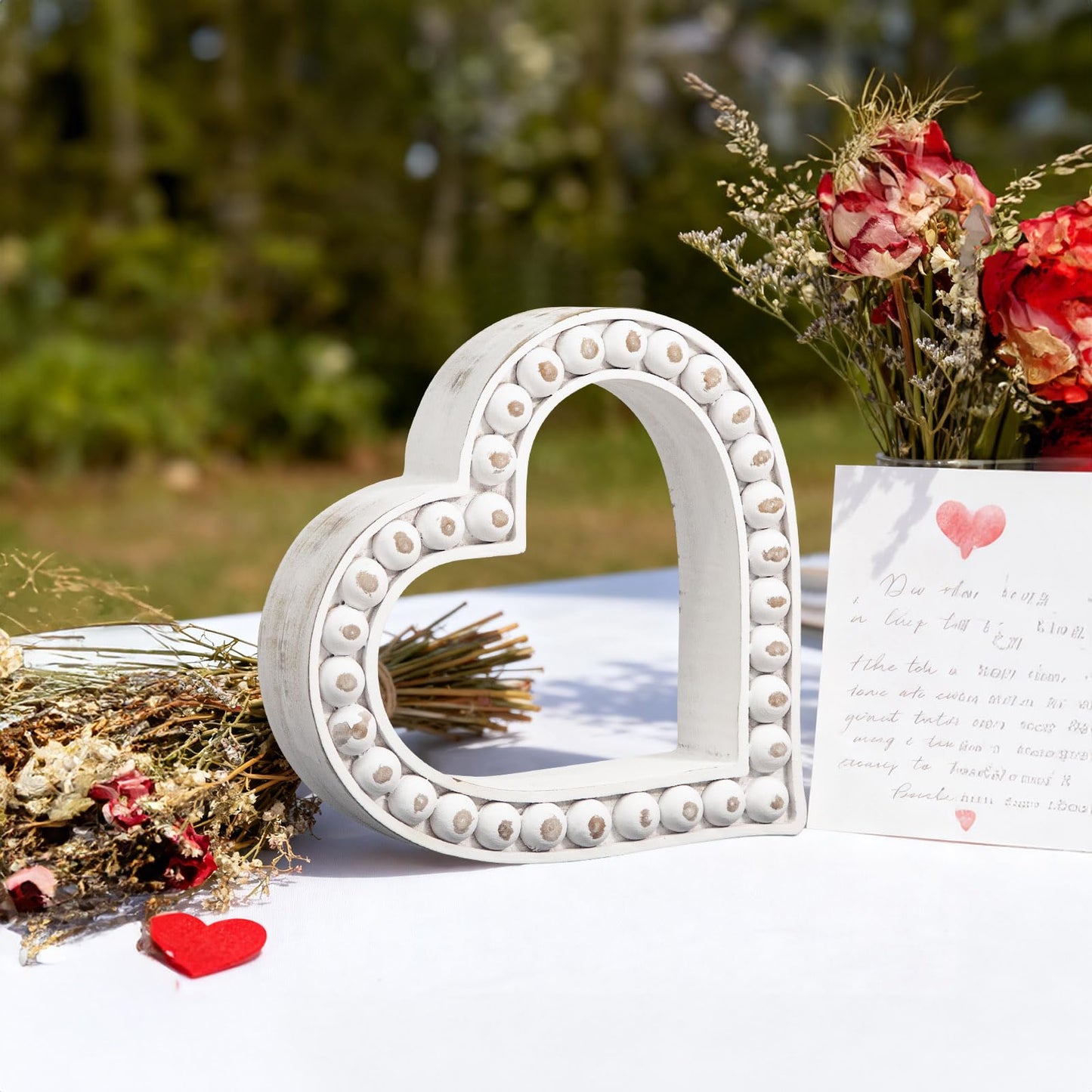 JUMBO DECOR Rustic Wooden Heart Table Decorations Sign with Beaded Design, Farmhouse Freestanding White Heart Shaped Home Family Table Decorations, Wedding Valentines Day Decor Mother's Day Gift