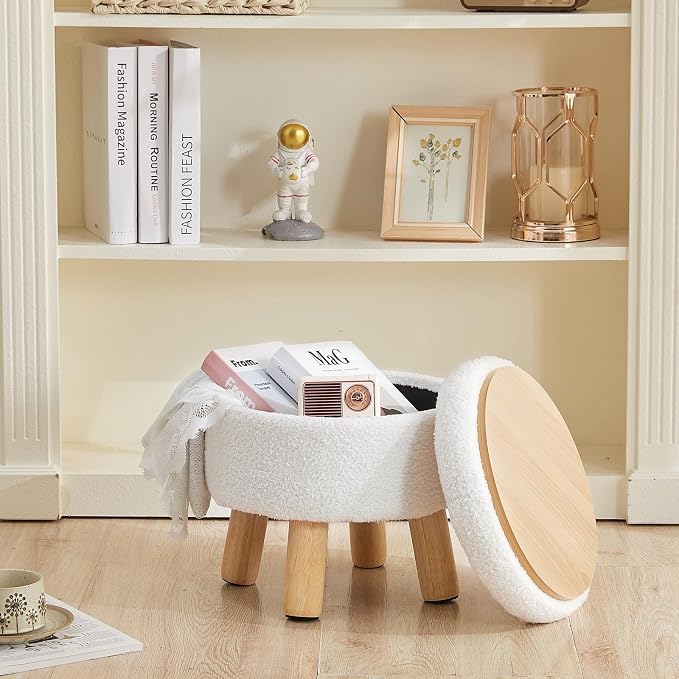 Small Ottoman with Storage, Small Storage Ottoman Round, Sherpa Foot Stool with Legs, Ottomans and Footstools for Living Room and Entryway (White)