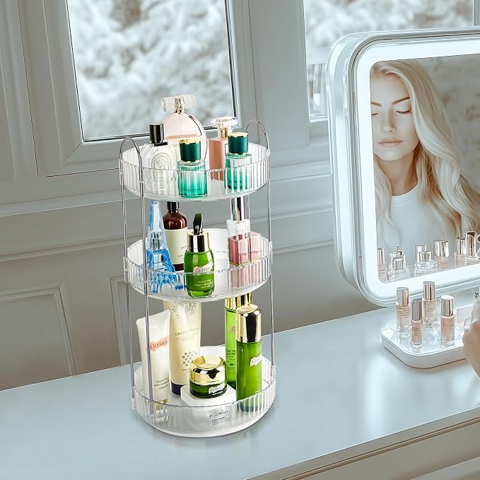 360 Rotating Makeup Organizer, 3 Tier Large Capacity Lazy Susan Bathroom Counter Organizer, Skincare Organizers, Spinning Perfume Organizer & Vanity Organizer Countertop (Silver Clear, 3 Tier)