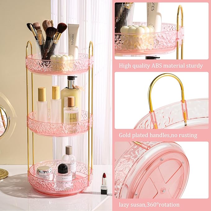 Fangoo Rotating Makeup Organizer for Vanity, 360 Spinning Cosmetic Storage, Perfume Holder for Bathroom Countertop or Dresser (Pink, 3 Tiers)