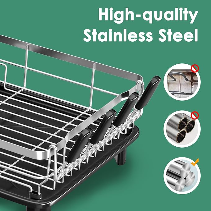 MOUKABAL Dish Drying Rack, Dish Rack, Stainless Steel Dish Racks for Kitchen Counter, Dish Drainer with Removable Utensil Holder, Drainboard (Black,Stainless Steel,13''W x 17''L)