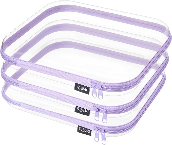 YQBRAO 3-Pack Large Clear Hard Shell Zipper Case, 1.2mm Ultra-Thick Rigid Toy & Closet Organizer, Heavy-Duty Diaper Bag Pouch Set with YKK Zippers, Waterproof Travel Storage (Purple)