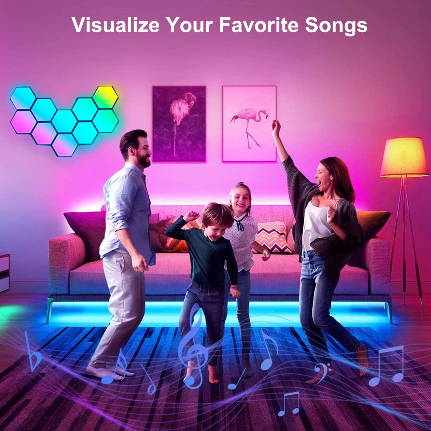 Amailtom Hexagon LED Lights Sync with Music, Hexagon Gaming Wall Lights App and Remote Control, 16 Million Colors Modular Light Panels DIY Geometry Splicing for Gaming Room Bedroom, 7 Pack