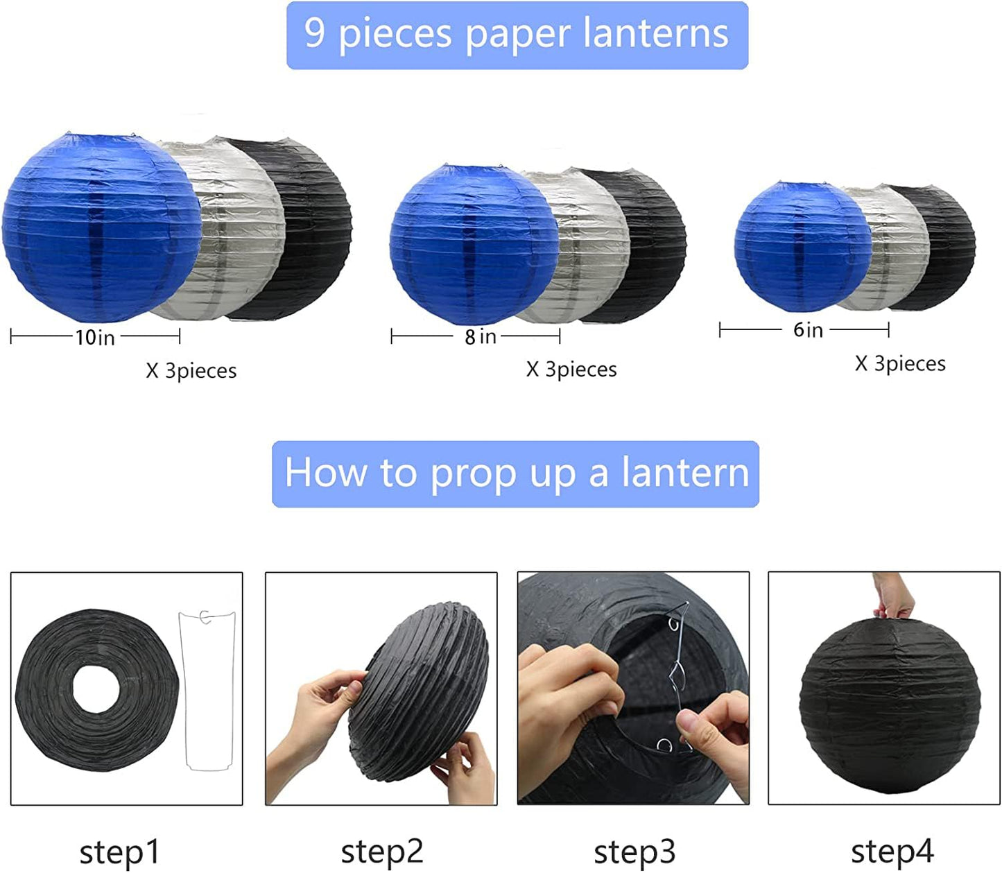 Paper Lanterns Decorative, Round Hanging Lantern for Graduation Wedding Birthday Anniversary Bachelorette Retirement Party Decorations, Navy Blue/Silver/Black 9pcs