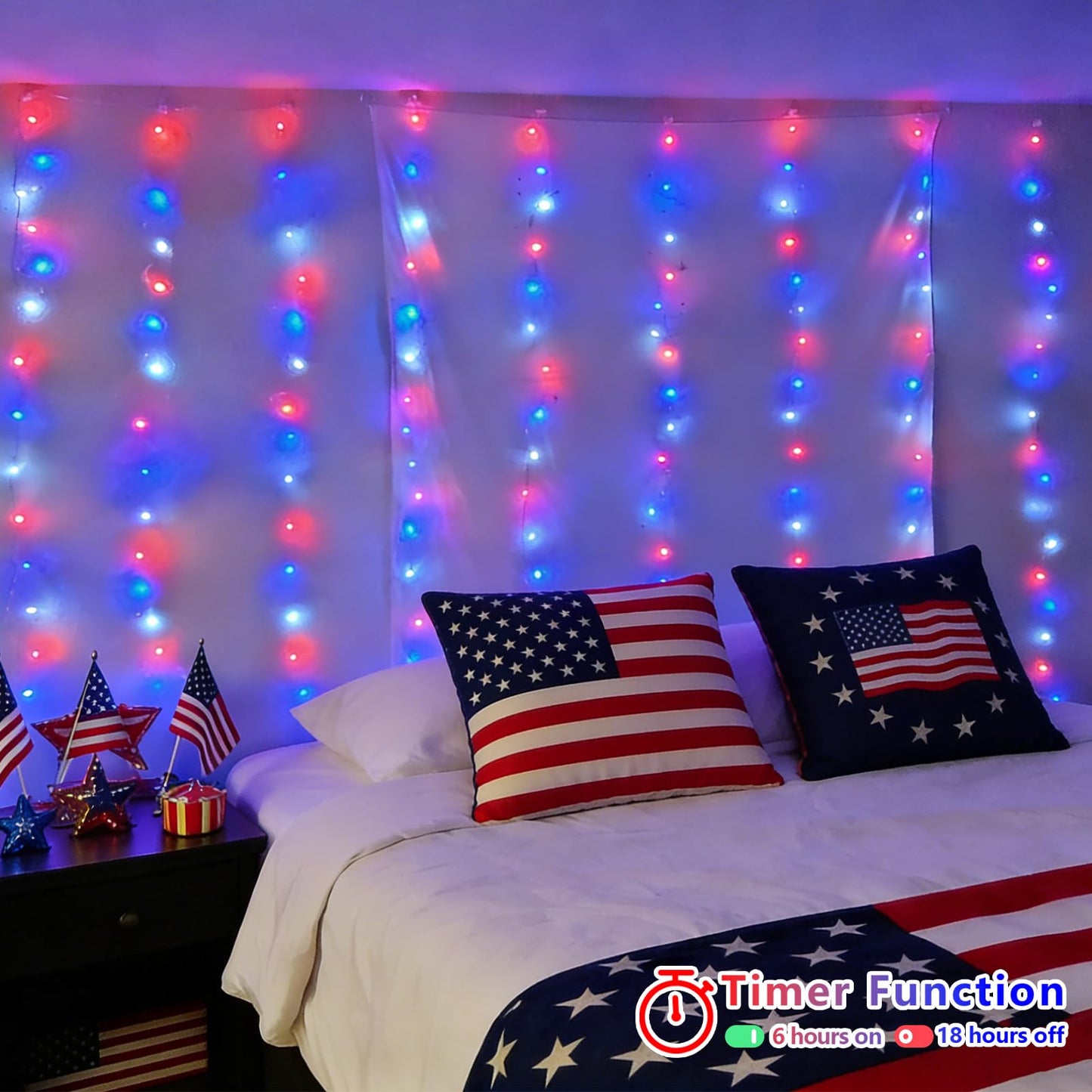 YEGUO 300 LED Red White and Blue Lights, 4th of July Lights Plug in, Patriotic Curtain Lights Hanging String Lights for Bedroom Wall Window Backdrop Indoor Outdoor Independence Memorial Day-9.8x9.8ft