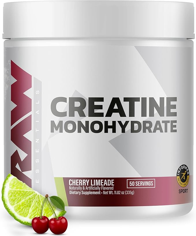 RAW Nutrition Creatine Monohydrate Powder, Cherry Limeade (30 Servings) - Micronized Creatine Monohydrate Supplement for Workout Performance, Build Muscle & Strength - Creatine Powder for Men & Women