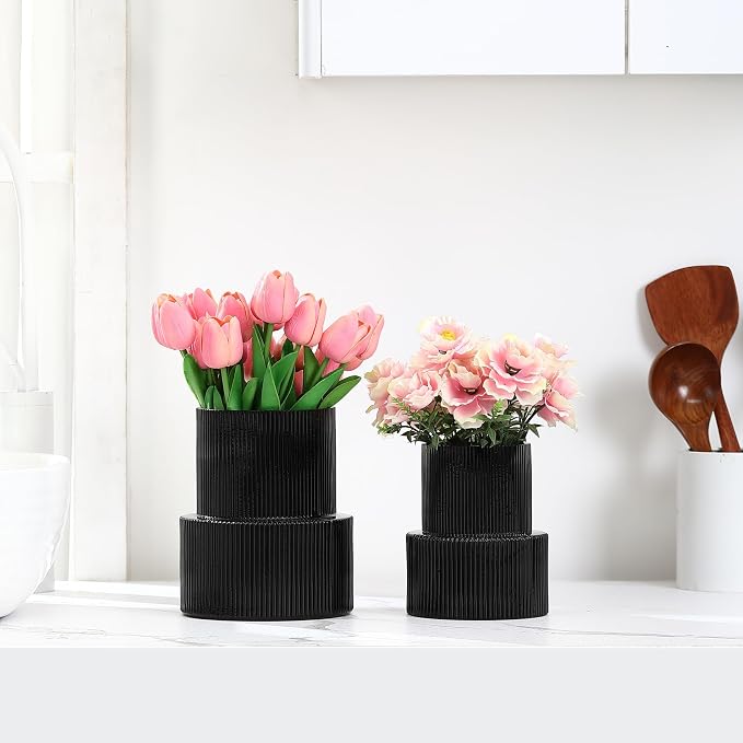 Ribbed Glass Vases for Bouquet, Set of 2 Black Glass Vases for Flowers, Black Flower Vase for Tulips, Modern Vase for Living Room, Office, Coffe Table, Dining Table, Shelf, Wedding