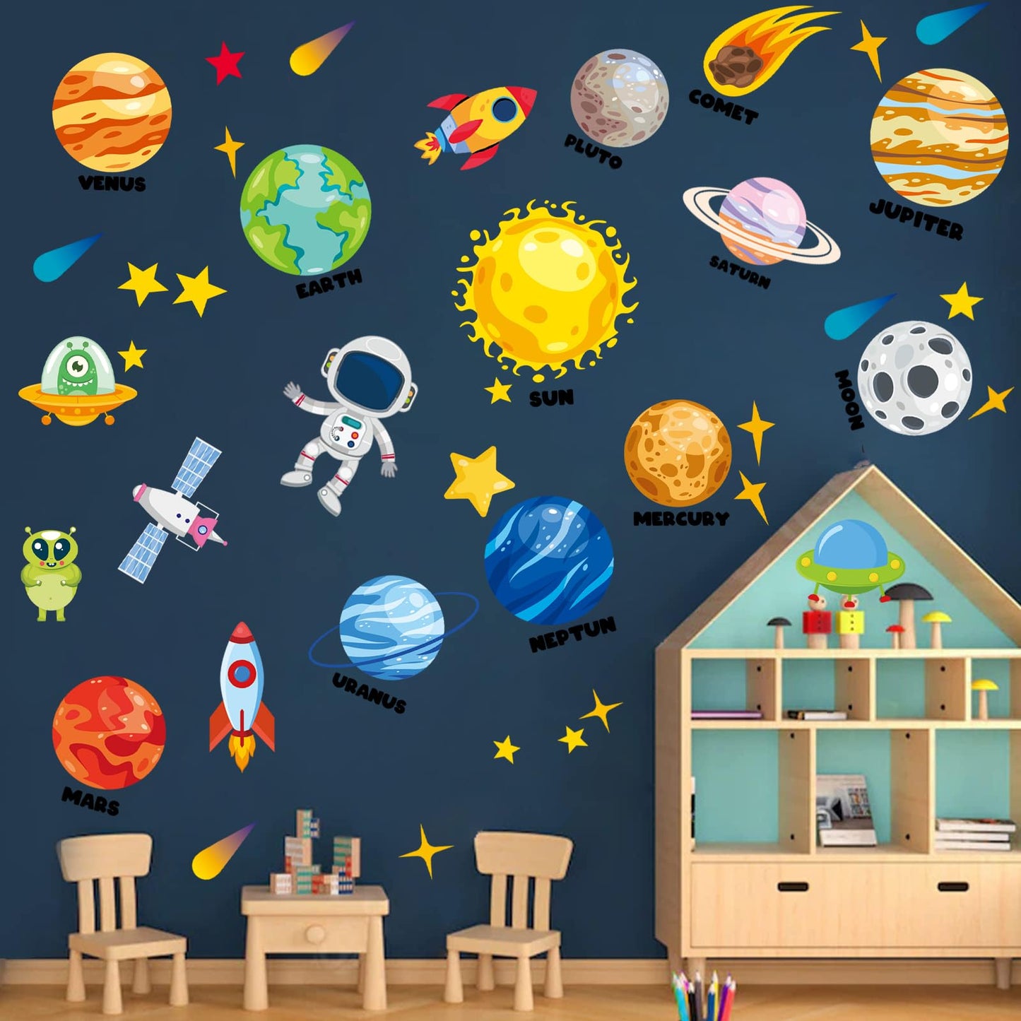 Outer Space Wall Decals - 4 Sheets 58 Pcs Large Space Planets Rocket Astronaut Wall Stickers Peel and Stick Removable Wall Decors for Kids Baby Bedroom Boys Room Nursery Playroom Classroom