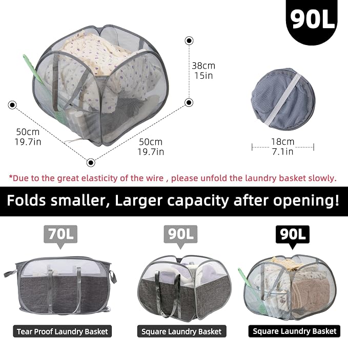 Collapsible Laundry Basket, 90L Foldable Pop-up Laundry Hamper with Handles, Square Mesh Dirty Clothes Hamper for Laundry, Bathroom, Kids Room, Dorm,Travel or Camping (Gray)