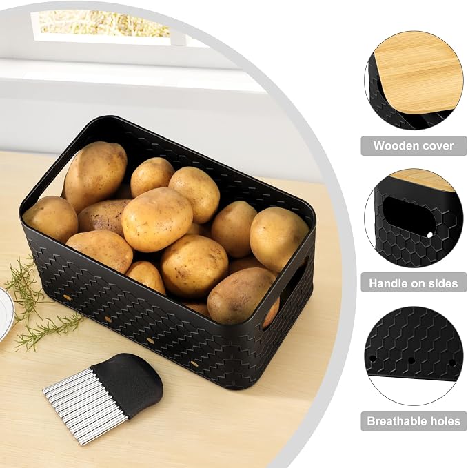 Kitchen Vegetable Storage Set of 3, Metal Onion Garlic Potato Storage Set, Kitchen Canisters Vegetable Keeper Containers with Aerating Holes and Bamboo Lid,Embossed Black