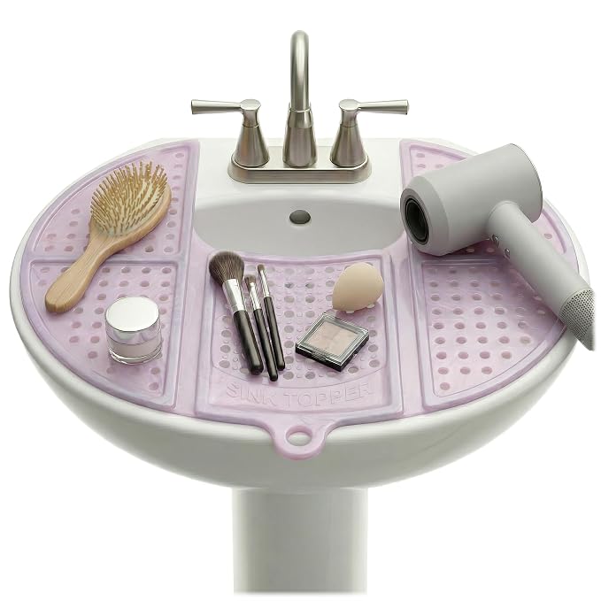 Sink Topper Bathroom Counter Cover & Storage Saver, Foldable Silicone Mat for Hot Tools, Hair Styling & Makeup, Beauty Brush Cleaning Mat, RV Camper Sink Cover & for Small Spaces (Standard Pink)