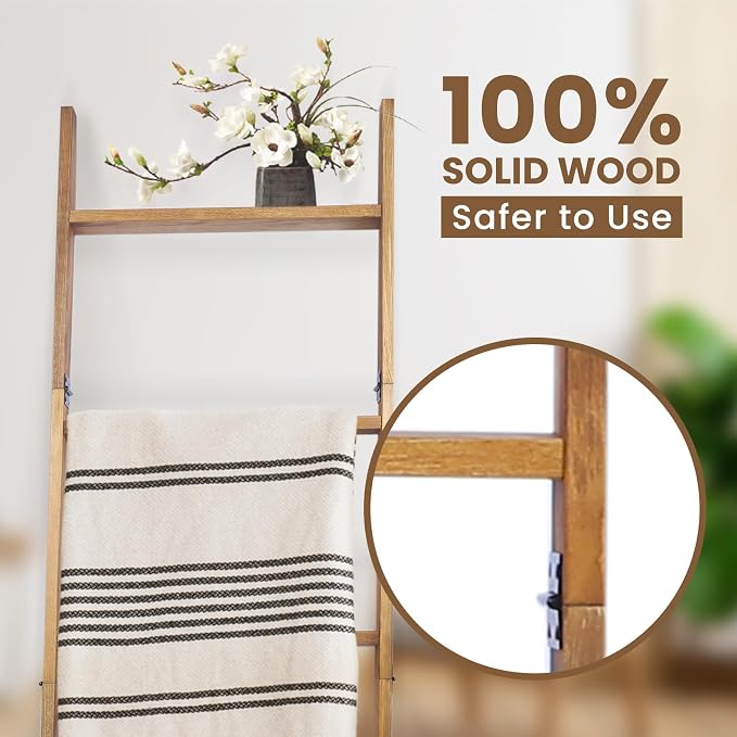 Blanket Ladder, 5-Tier Wooden Quilt Stand, Decorative Ladder Shelf, Leaning Shelf, Wall Leaning Blanket Ladder Towel Storage Rack for Living Room, Walnut