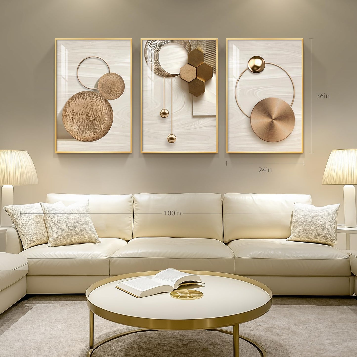 Large Framed Modern Luxury Gold Wall Art for Living Room, 3 Piece Bright Style Art Prints Paintings Artwork for Walls, Bronze Gold Geometric Pictures for Hallway Stair Office Wall Decor 24x36 In