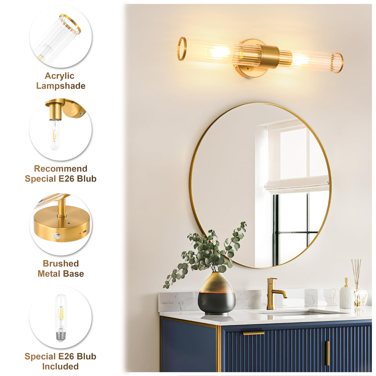 Morauroral Gold Battery Operated Wall Sconces Set of Two, Rechargeable Wall Sconce with Dimmable Remote Control, 20 Inch Wireless Sconce Wall Light for Bedroom, Living Room (Bulbs Included)