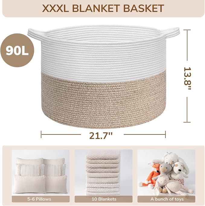 INDRESSME Large Laundry Basket, 21.7'' x 13.8'' Cotton Rope Blanket Basket Living Room Toy Baskets Storage Kids, Woven Baskets for Dirty Clothes, Pillows, Towel, 90L Light Brown