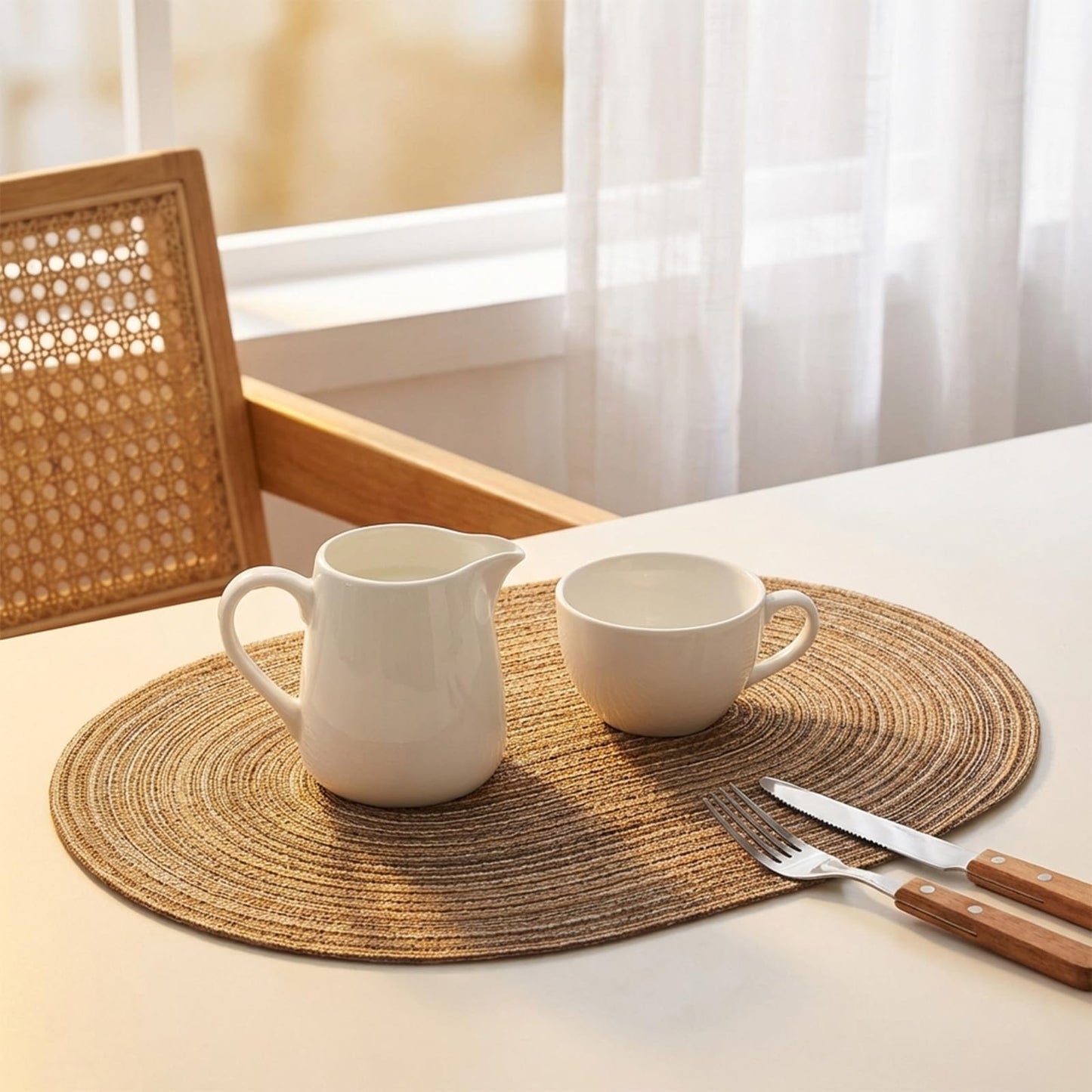 Noctiflorous Woven Oval Braided Placemats Set of 6-12 x 17.5 Inch Washable Non-Slip Heat Resistant Table Mats for Kitchen and Dining（Brown, 6）