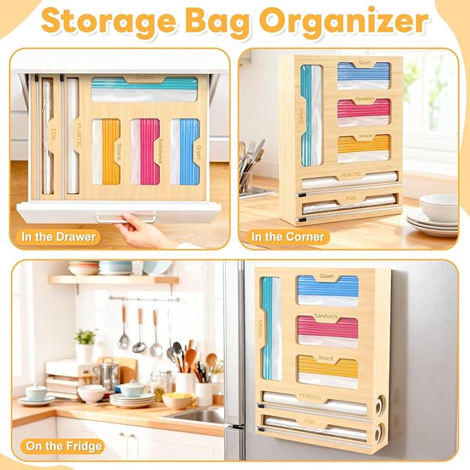 Magnetic Storage Bag Organizer 6 In 1 Ziplock Bag Organizer for Fridge and Drawer, Foil and Plastic Wrap Organizers with Cutter, Food Storage Bags Organizers for Gallon Quart Sandwich Snack